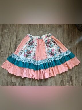 Vintage handmade Peach and Teal Tiered Patchwork lace ruffle twirl Women's Skirt